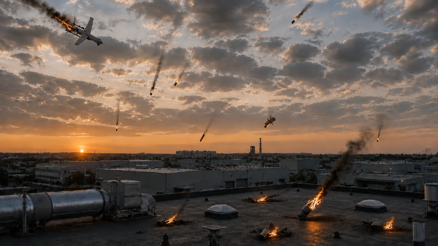 Illustration of a damaged unmanned aerial vehicle and burning fragments above an industrial complex roof